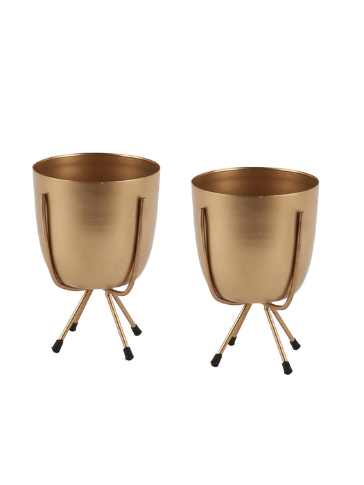 Gold Metal Planter with Stand (Set of 2)