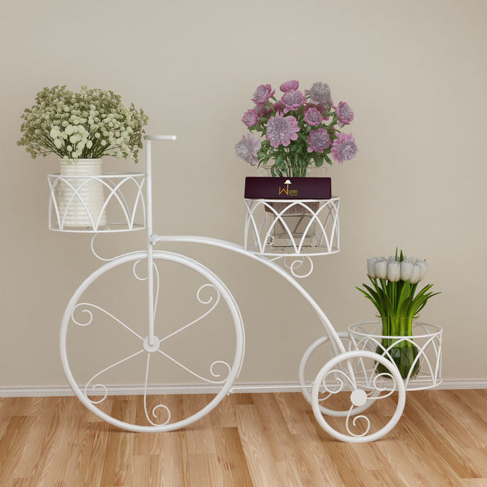 Garden Cart Planter Stand Tricycle Plant Holder - Ideal for Home, Garden, Patio (White)