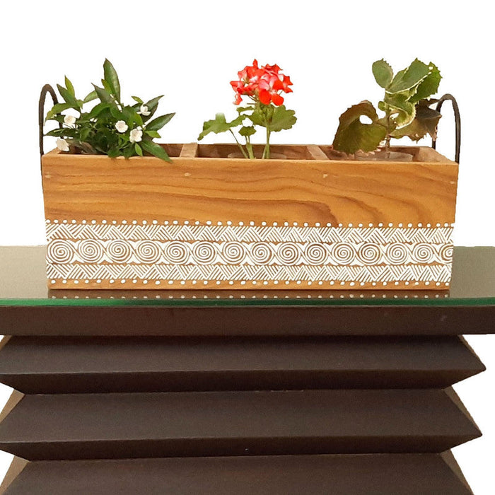Aipan Inspired Hand Painted Sal Wood Planter for Indoor and Outdoor Use