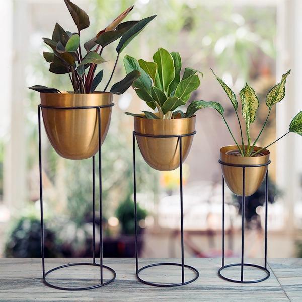 Unique Golden Ovate Tall Metal Planters (Set of 3)