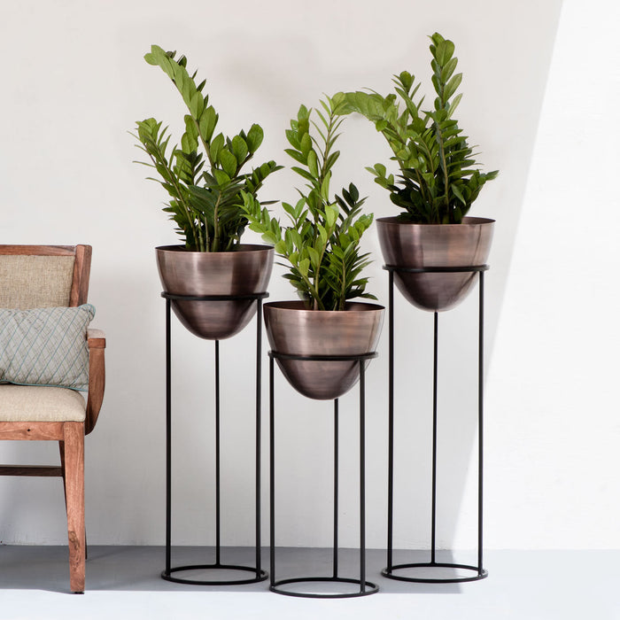 Antique Copper Ovate Tall Metal Planters (Set of 3)