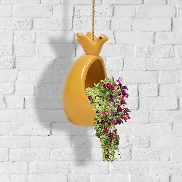 Bird and Nest Hanging Planter with Jute Rope in Yellow